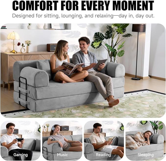 78.8" Boneless Memory Foam Couch, Corduroy Convertible Floor Sofa Bed, Fold-Out Sleeper Futon Loveseat, Wide Armrests & Supportive Back, 1200 lb, Couch in a Box, 2 Pillows, Light Grey