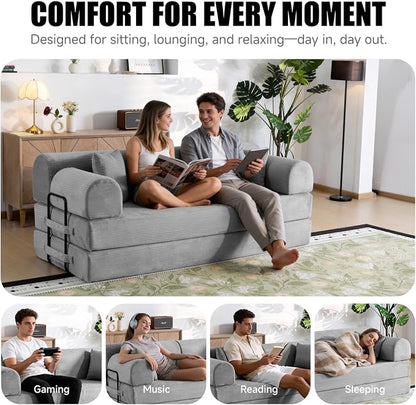 78.8" Boneless Memory Foam Couch, Corduroy Convertible Floor Sofa Bed, Fold-Out Sleeper Futon Loveseat, Wide Armrests & Supportive Back, 1200 lb, Couch in a Box, 2 Pillows, Light Grey
