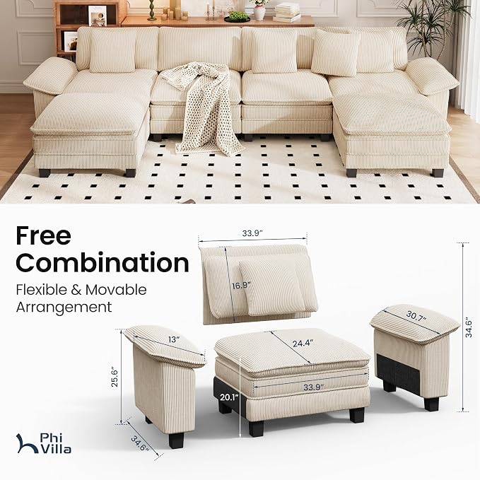 PHI VILLA Cloud Modular Couch Sets, 157.5" Oversized Large Sectional Sofa with U-Shaped Chaise, 6-Seater Couches with Movable Ottomans for Living Room, Corduroy Beige