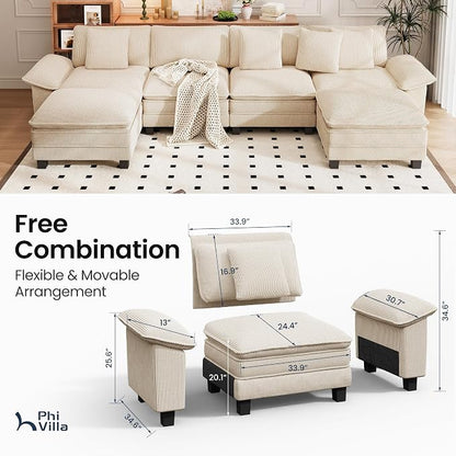 PHI VILLA Cloud Modular Couch Sets, 157.5" Oversized Large Sectional Sofa with U-Shaped Chaise, 6-Seater Couches with Movable Ottomans for Living Room, Corduroy Beige