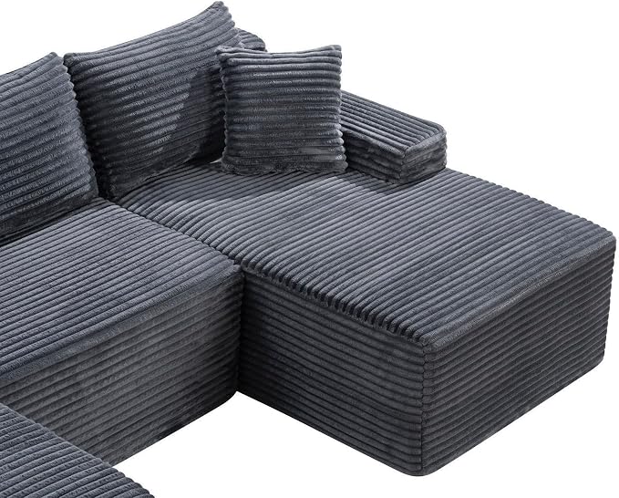 106-Inch Oversized U-Shaped Right Facing Corner Compressed Sofa Modular Boneless Cloud Sectional Sofa Floor Foam Couch W/Chaise & Ottoman, Corduroy Corner Boneless Cloud Couch