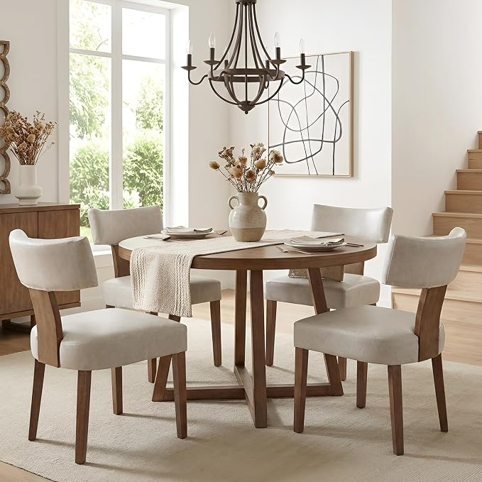 HNY Mid Century Modern Dining Chairs Set of 4, Farmhouse PU Leather Upholstered Accent Chair Curved Backrest Kitchen Chairs, with Hardwood Frame, Grey