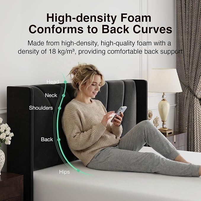 Novilla Queen Size Bed Frame, Queen Bed Frame with Headboard, Velvet Upholstered Wing Side Headboard, No Box Spring Needed, Heavy Duty Feet, Easy Assembly, Black Velvet