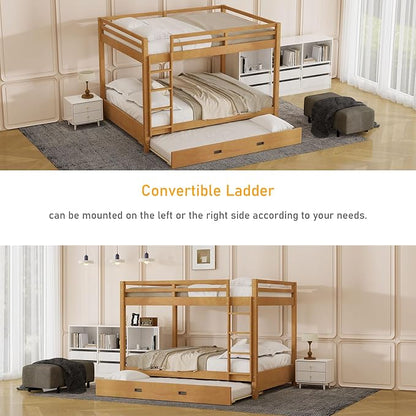 Merax Wood Queen Bunk Bed with Twin XL Trundle & Ladder - Space-Saving Design, Sturdy Frame & Guard Rails,Wood Color