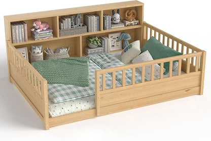 Bellemave Kids Montessori Floor Bed Full Size,Floor Bed Frame with Bookcase and Fence for Kids Boys Girls,Natural