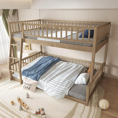 Full XL Over Queen Bunk Bed with Safety Guardrails, Solid Wood Floor Bunk Bed Frame with Sturdy Slat Support for Kids Teens Adults, Detachable Design (Walnut-tra)