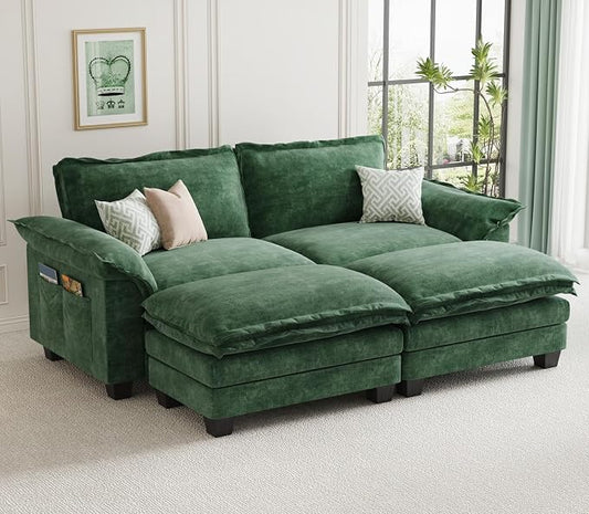 KKL Modular Sectional Sofa Bed with Ottoman, 4 Seaters Cloud Couch with Ottoman, Chenille Sectional Couches for Living Room, Apartment, Green