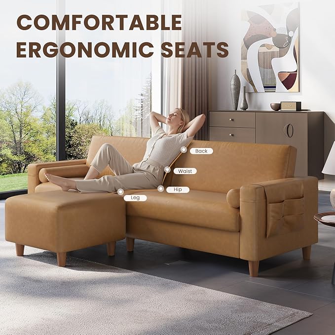 Vesgantti 100" Faux Leather Sofa with Movable Ottoman, Wide Seating L Shaped PU Leather Couch with Side Pocket, Comfy Mid Century Modern Modular Sectional Sofa for Living Room, Office, Camel