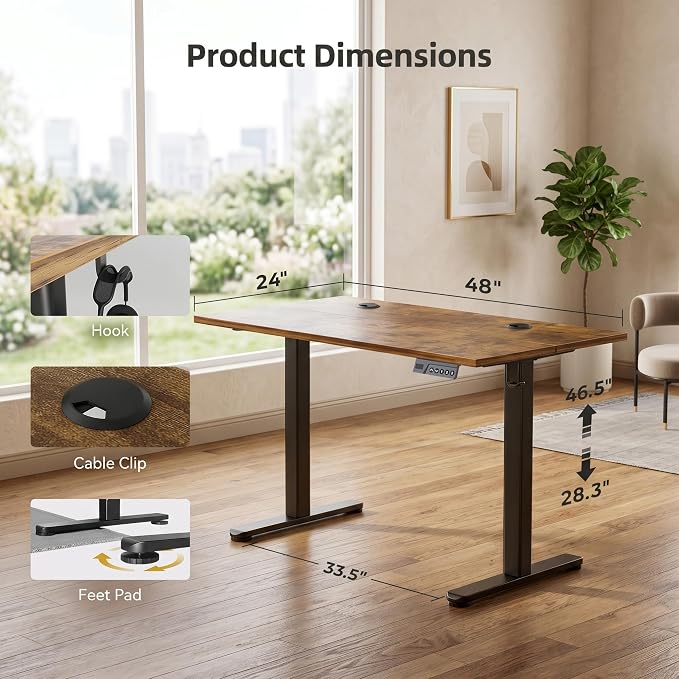 Claiks Electric Standing Desk, 48 x 24 Inch Height Adjustable Sit Stand Desk for Home Office, Computer Desk with Memory Presets, Cable Management & Headphone Hooks, 156 lbs Capacity, Rustic Brown