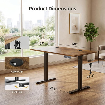 Claiks Electric Standing Desk, 48 x 24 Inch Height Adjustable Sit Stand Desk for Home Office, Computer Desk with Memory Presets, Cable Management & Headphone Hooks, 156 lbs Capacity, Rustic Brown