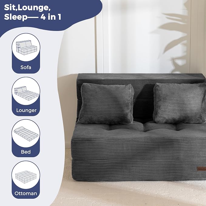 MAXYOYO Convertible Sofa Bed, Fold Out Sofa Couch with Pillow, 4 in 1 Tufted Folding Couch Bed Foam Floor Couch, Lazy Chair for Living Room Bedroom Guest Room, Dark Grey