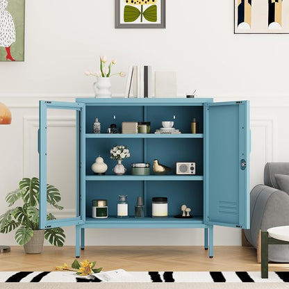 Metal Cabinet Metal Bathroom Storage Cabinet Metal Storage Cabinets with Glass Door and Adjustable Shelves Cabinet Storage for Coffee Bar for Homes, Living Rooms and Offices Blue 33''H