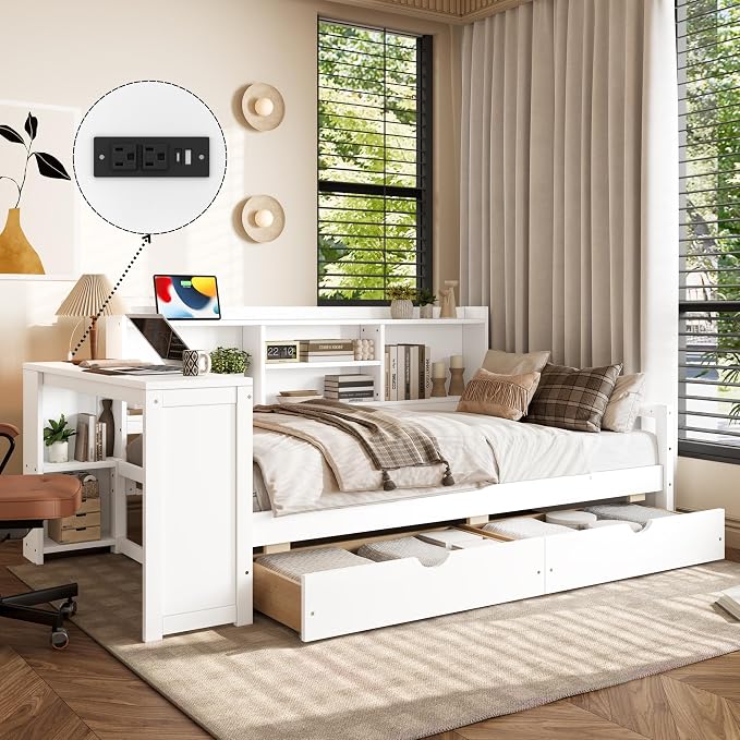 Bellemave Twin Corner Bed Frame with Desk and Storage Shelves,Charging Port, Wood Twin Size Daybed with Bookcase and Drawers, White
