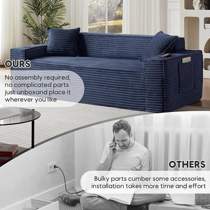 Boneless Sectional Sofa Couch with Cup Holders & Side Pockets, Modern Corduroy Fabric Deep Seat 3-seat Cloud Couch for Living Room Office, No Assembly (Blue)