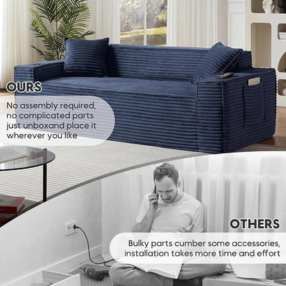 Boneless Sectional Sofa Couch with Cup Holders & Side Pockets, Modern Corduroy Fabric Deep Seat 3-seat Cloud Couch for Living Room Office, No Assembly (Blue)