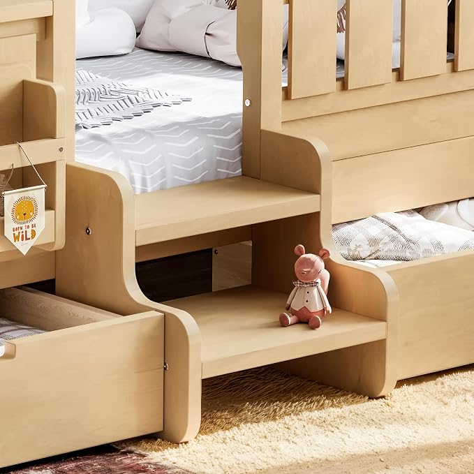 Bellemave Twin Size Kids Montessori Bed with Stairs and Bookshelf,Solid Wood Twin Size Kids Bed Frame with Drawers and Storage for Girls Boys,Low-Profile,Light Natural