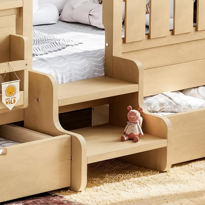 Bellemave Twin Size Kids Montessori Bed with Stairs and Bookshelf,Solid Wood Twin Size Kids Bed Frame with Drawers and Storage for Girls Boys,Low-Profile,Light Natural
