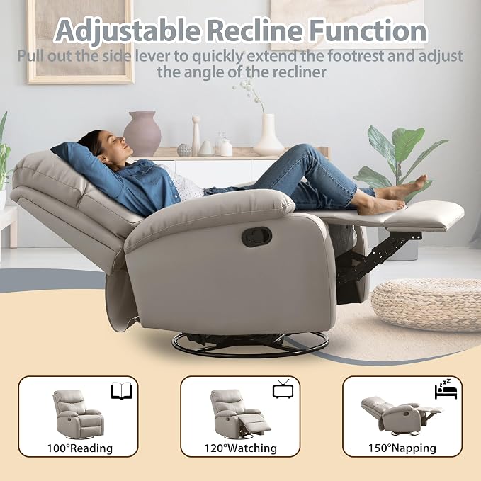 Genuine Leather Rocker Recliner Modern Manual Swivel Glider Recliner with Adjustable Backrest & Footrest Wall Hugger Swivel Rocking Recliner Chair for Modern Living Room and RV Beige