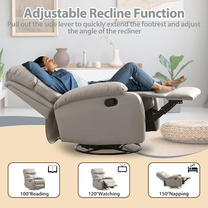 Genuine Leather Rocker Recliner Modern Manual Swivel Glider Recliner with Adjustable Backrest & Footrest Wall Hugger Swivel Rocking Recliner Chair for Modern Living Room and RV Beige