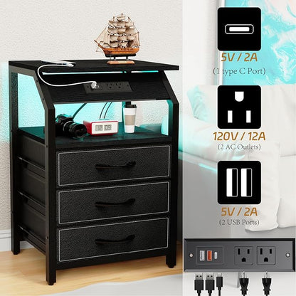 SZLHANJZ End Tables Set of 2, Nightstands with Charging Station and LED Lights, 3 Drawers Fabric Bedside Table, Storage Side Tables for Bedside, Living Room, Modern Black