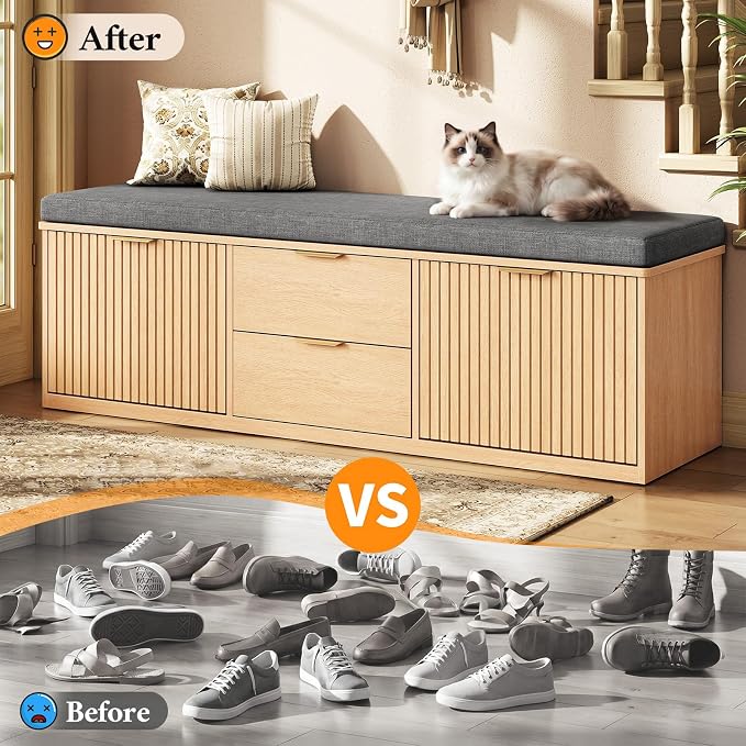 59" Storage Bench with Cushion and Flip Drawer, 2-Tier Entryway Bench with Storage, Shoe Bench with Cabinet, 2 Storage Drawer, Adjustable Shelf, for Entryway, Bedroom, Living Room, Natural