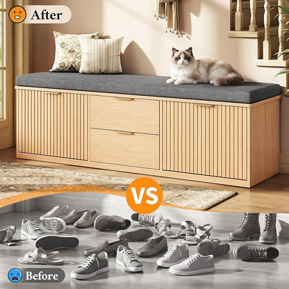 59" Storage Bench with Cushion and Flip Drawer, 2-Tier Entryway Bench with Storage, Shoe Bench with Cabinet, 2 Storage Drawer, Adjustable Shelf, for Entryway, Bedroom, Living Room, Natural