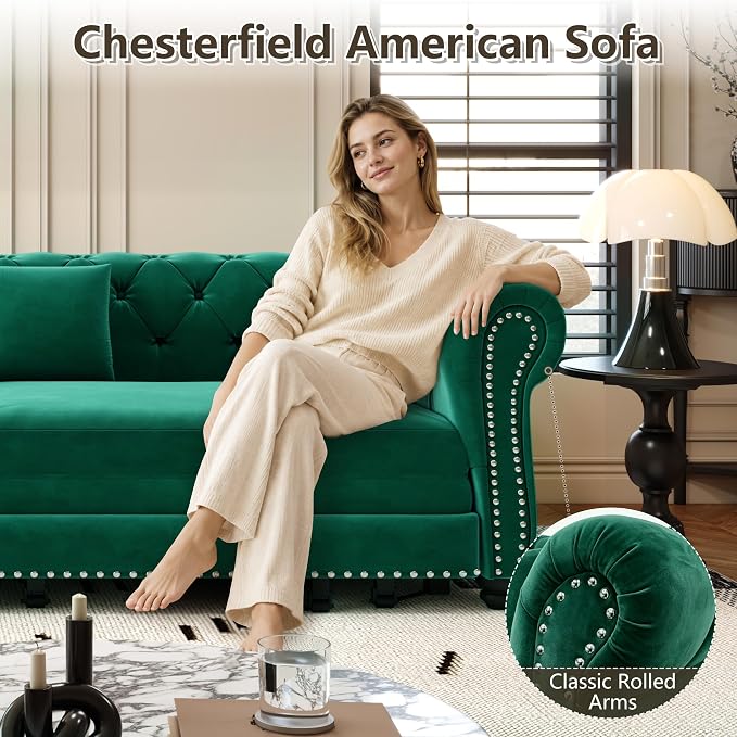 89'' Pull Out Sofa Bed King, Chesterfield Velvet Sleeper Sofa, Convertible L-Shaped Futon Couch, Tufted Back, 4 Pillows, Ottoman, Deep Seat Loveseat Couches for Living Room, Apartment, Green