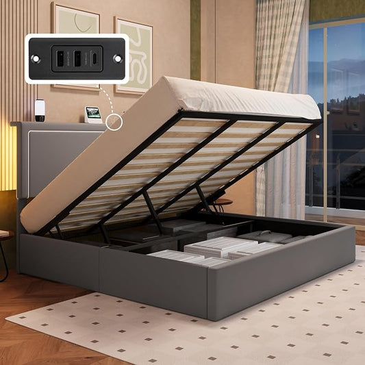 Allewie King Size Lift Up Storage Bed Frame with Charging Station & LED Lights, Adjustable Velvet Upholstered Storage Headboard, Type-C & USB Ports, Hydraulic Support, No Box Spring Needed, Grey