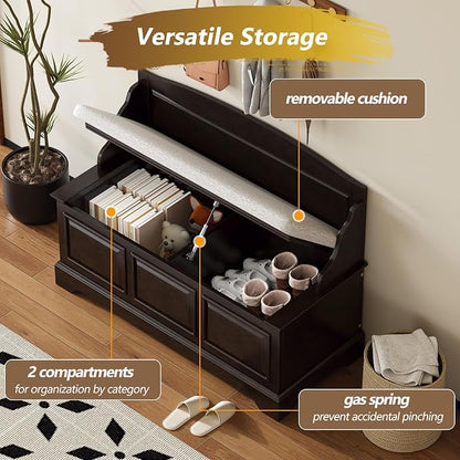 Knocbel Rustic Entry Storage Bench with Hidden Compartments and Removable Cushion, Wooden Entryway Hallway Foyer Shoe Bench Bedroom End of Bed Bench (Espresso and Beige)
