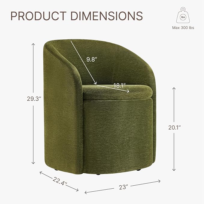 KISLOT Upholstered Dining Chairs with Casters, No Assembly Rolling Modern Dining Room Chairs with Hidden Storage & Barrel Backrest, Accent Chair for Bedroom, Living Room, Dressing, Green, Set of 1