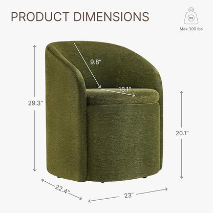 KISLOT Upholstered Dining Chairs with Casters, No Assembly Rolling Modern Dining Room Chairs with Hidden Storage & Barrel Backrest, Accent Chair for Bedroom, Living Room, Dressing, Green, Set of 1