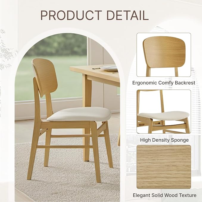 KISLOT Wooden Dining Chairs Set of 4, Upholstered Modern Dining Room Chairs, Mid Century Oak Kitchen Chairs with Ergonomic Wood Backrest for Farmhouse, Restaurant, Café (Cream Fabric & Original Color)