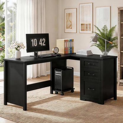 Vabches 61”Farmhouse L Shaped Executive Desk with File Drawers, Corner Computer Desk with Mobile CPU Stand, Wood Writing Computer Desk for Work, Study.Pure Black