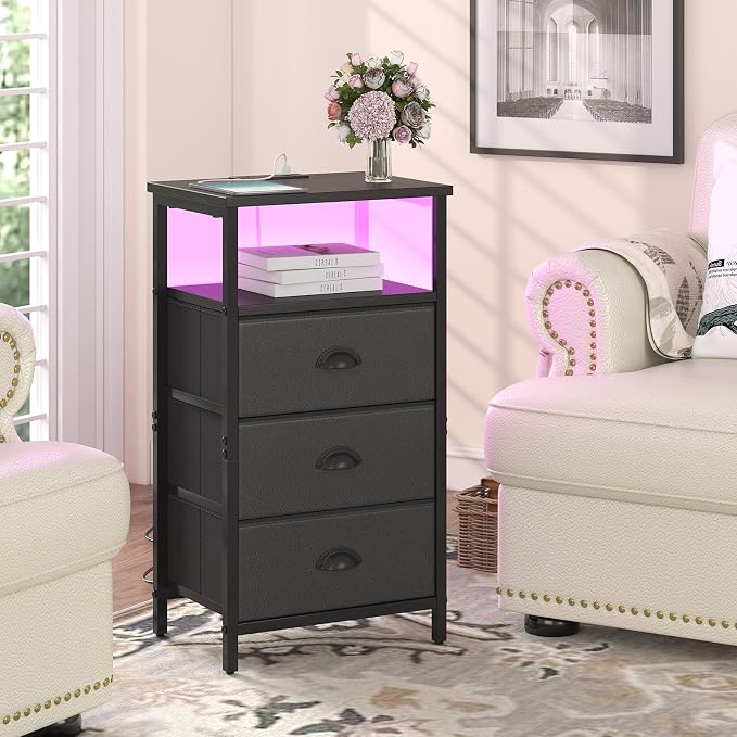 sthmec Nightstand with Charging Station,LED Black Nightstand with 3 Fabric Drawers PU Finish, Bedside End Tables, 2-Tier Open Storage Shelf Side Table Nightstand with Drawers for Bedroom,Black