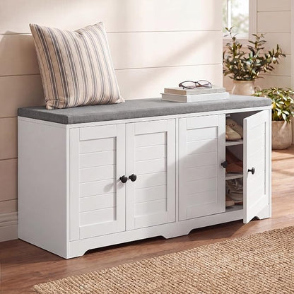 SONGMICS HOME 3-Tier Entryway Bench, Shoe Bench with Padded Seat, for Hallway, Bedroom, 14.2 x 47.8 x 20.9 Inches, White and Gray