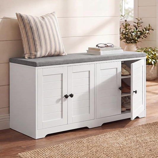 SONGMICS HOME 3-Tier Entryway Bench, Shoe Bench with Padded Seat, for Hallway, Bedroom, 14.2 x 47.8 x 20.9 Inches, White and Gray