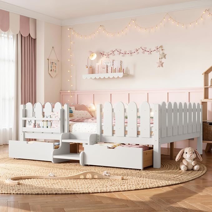 Bellemave Queen Kids Montessori Bed with Stairs, Bookshelf and LED Lights, Solid Wood Kids Bed Frame with Storage Drawers for Boys Girls, Low Profile,White