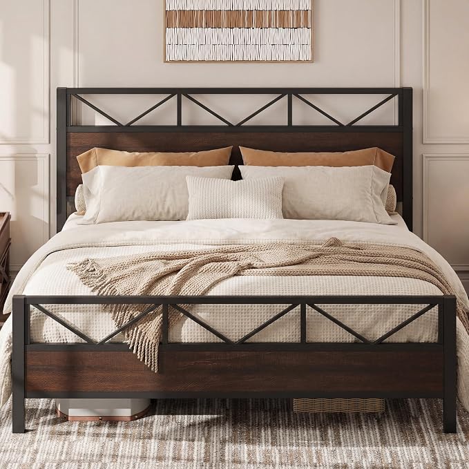 LIKIMIO King Bed Frame, Tall Industrial Headboard 51.2 ", Platform Bed Frame with Strong Metal Support, Solid and Stable, Noise Free, No Box Spring Needed, Easy Assembly, Dark Brown