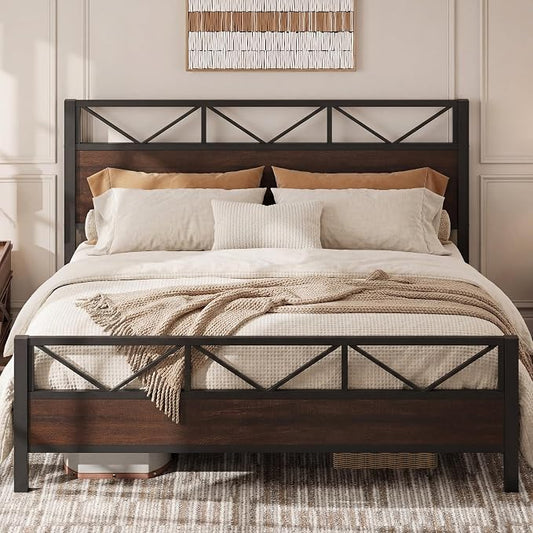 LIKIMIO King Bed Frame, Tall Industrial Headboard 51.2 ", Platform Bed Frame with Strong Metal Support, Solid and Stable, Noise Free, No Box Spring Needed, Easy Assembly, Dark Brown