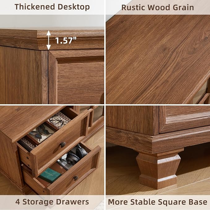 SAVOR LIFE TV Stand and Coffee Table Set, 4 Piece Living Room Table Set with Drawer & Open Shelving & Thick Tabletop & Square Wooden Legs, Brown