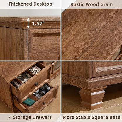 SAVOR LIFE TV Stand and Coffee Table Set, 4 Piece Living Room Table Set with Drawer & Open Shelving & Thick Tabletop & Square Wooden Legs, Brown