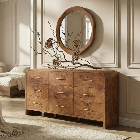 Curved 9-Drawer Dresser for Bedroom, 63" Wide Modern Chest of Drawers, Vanity Desk TV Stand for Living Room, Closet Storage Drawers Organizer Furniture, Nursery, Hallway, Dark Burl
