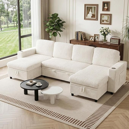 Modular Sectional Sleeper Sofa with Pull Out Bed, Plush Corduroy U Shaped Couch with Storage Chaise, USB Ports, Cup Holders, Comfy Sectional Couches for Living Room, Beige