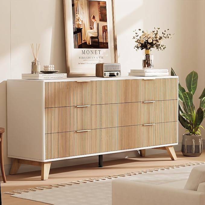 6 Drawer Dresser, 53.43 Inch Fluted Wood Double Dresser with Metal Handles Curved Design Wide Storage Organizer Cabinet Mid Century Modern Chest Dressers for Bedroom Living Room Entryway