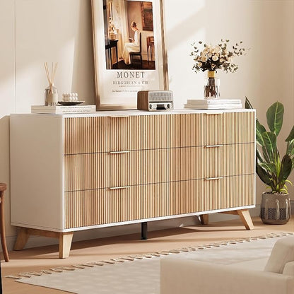 6 Drawer Dresser, 53.43 Inch Fluted Wood Double Dresser with Metal Handles Curved Design Wide Storage Organizer Cabinet Mid Century Modern Chest Dressers for Bedroom Living Room Entryway