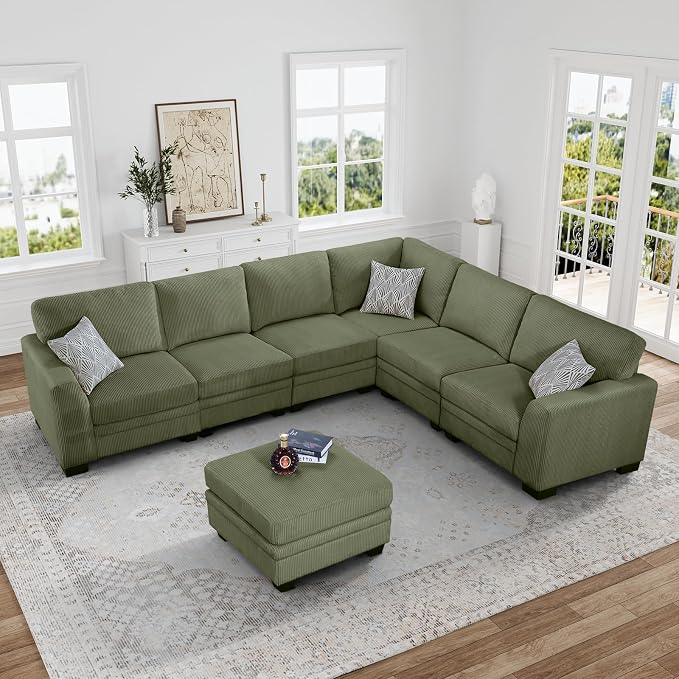 Legend Vansen Oversized Modular Sectional Sofa,U/L-Shaped Corduroy Couch with Ottoman,Deep Seat & Removable Cushion,Easy Assembly for Living Room Apartment,7 Seater,Olive