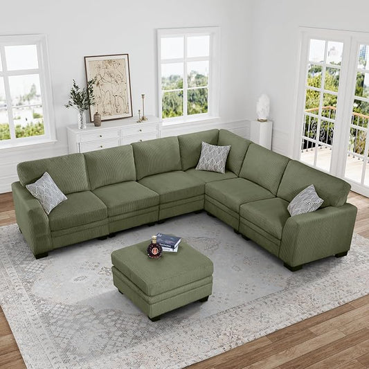 Legend Vansen Oversized Modular Sectional Sofa,U/L-Shaped Corduroy Couch with Ottoman,Deep Seat & Removable Cushion,Easy Assembly for Living Room Apartment,7 Seater,Olive