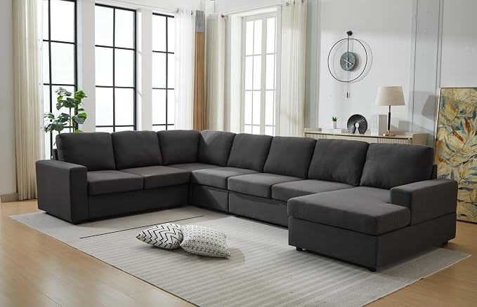 Ball & Cast 147" L-Shaped Sectional Couches for Living Room with Reversible Chaise&Removable Back Cushions,7 Seat Linen Upholstered Convertible Sectional Sofa,DIY Combination,for Home,Office,Dark Gray