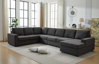 Ball & Cast 147" L-Shaped Sectional Couches for Living Room with Reversible Chaise&Removable Back Cushions,7 Seat Linen Upholstered Convertible Sectional Sofa,DIY Combination,for Home,Office,Dark Gray