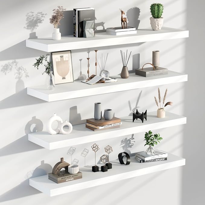 Floating Shelves for Wall, Set of 2 Solid Wood Wall Shelves, Heavy Duty Wall Mount Shelf for Living Room, Bedroom & Kitchen (White, 4T48IN)